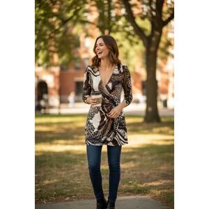 Joseph Ribkoff V-Neck Tunic: Designer Animal Print Knit, Gold Button Detail, 6